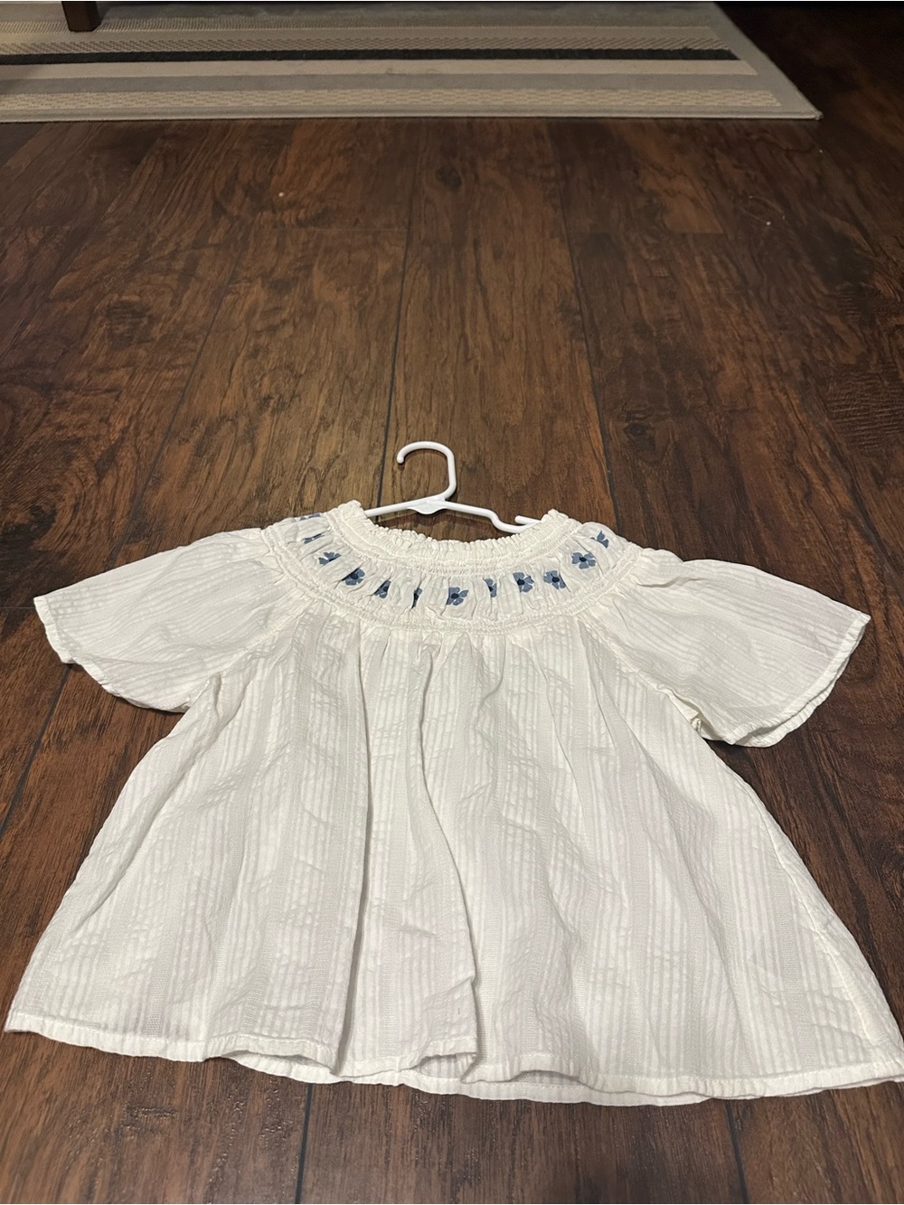 Old Navy White Smocked Peasant Top with Blue Embroidery